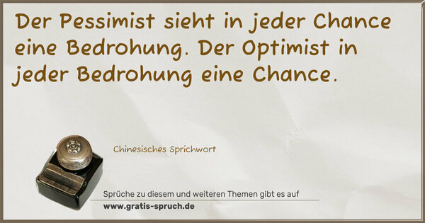 Der Pessimist sieht in jeder Chance eine Bedrohung.
Der Optimist in jeder Bedrohung eine Chance. 