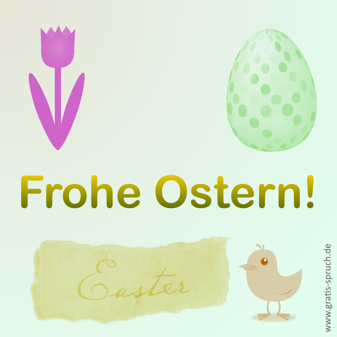 Karte mit Text 'Frohe Ostern!', ein Häschen und ein Osterei.