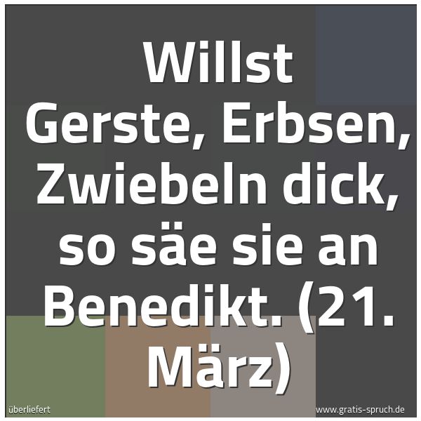 Spruchbild mit dem Text 'Willst Gerste, Erbsen, Zwiebeln dick,
so säe sie an Benedikt.
(21. März)'